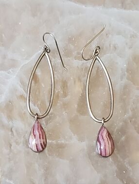 Rhodochrosite Drop Earrings - Navajo Silver